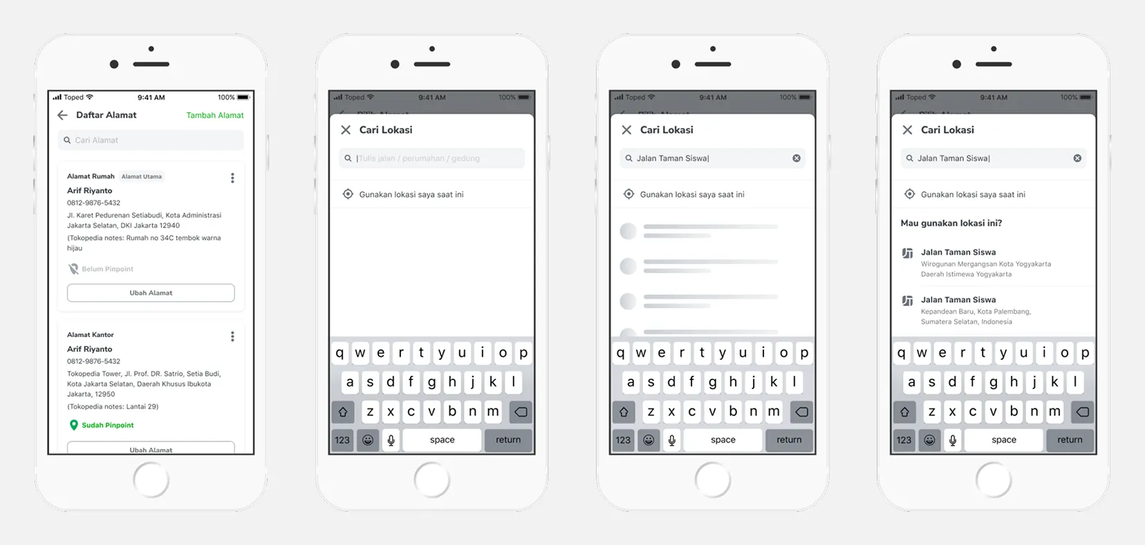 Address list and search location screens