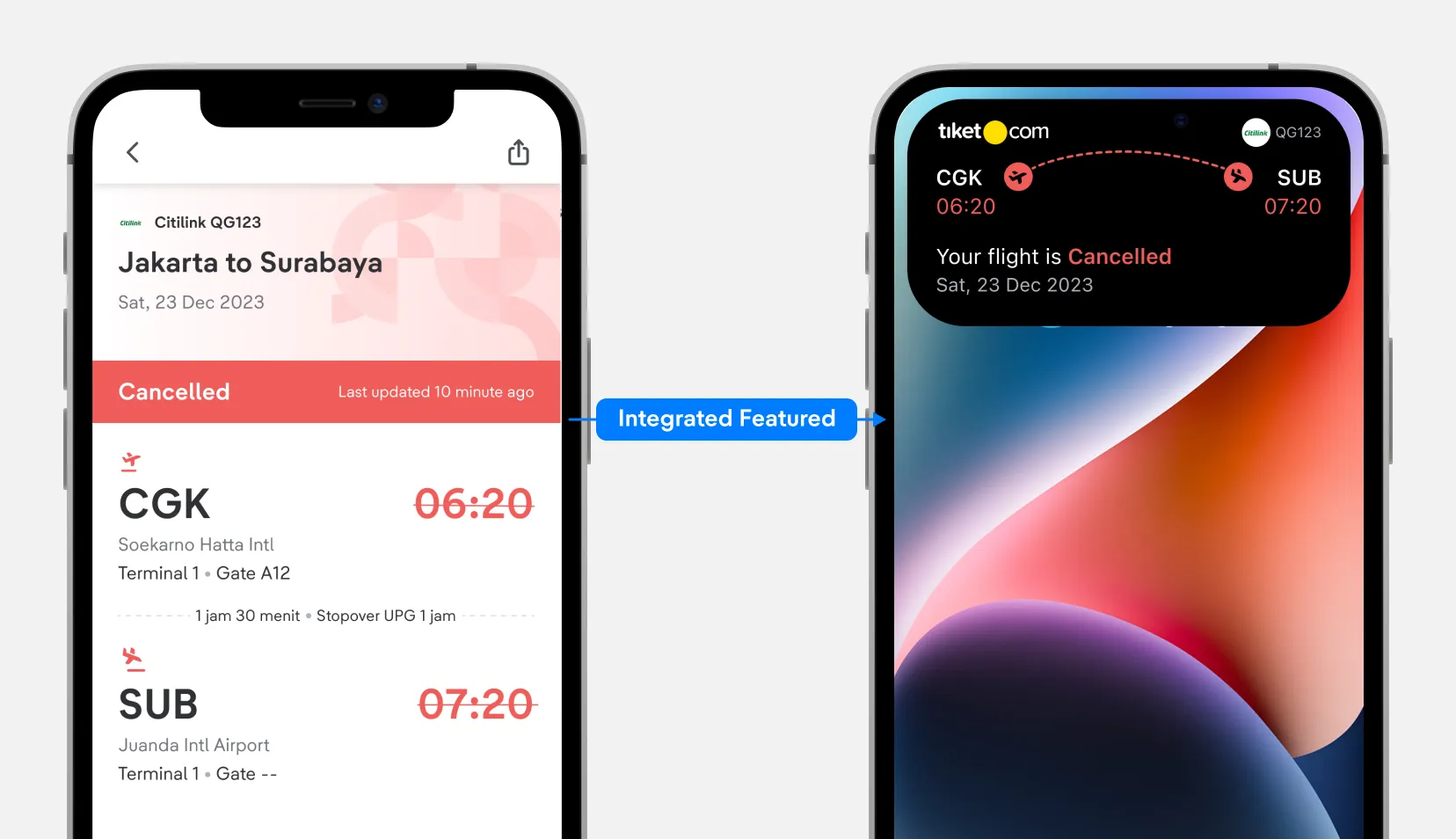 Flight cancelled status pushed to lockscreen via live activity
