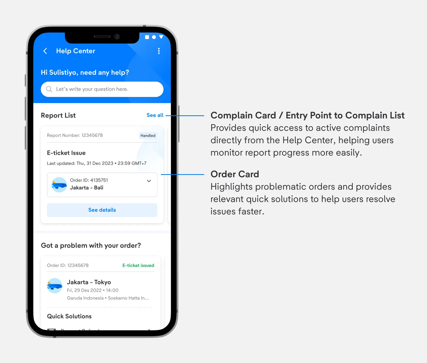 Complaint card and order card entry points on Help Center homepage