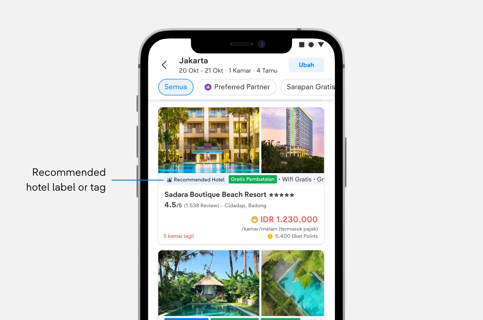 Recommended hotel label or tag on listings