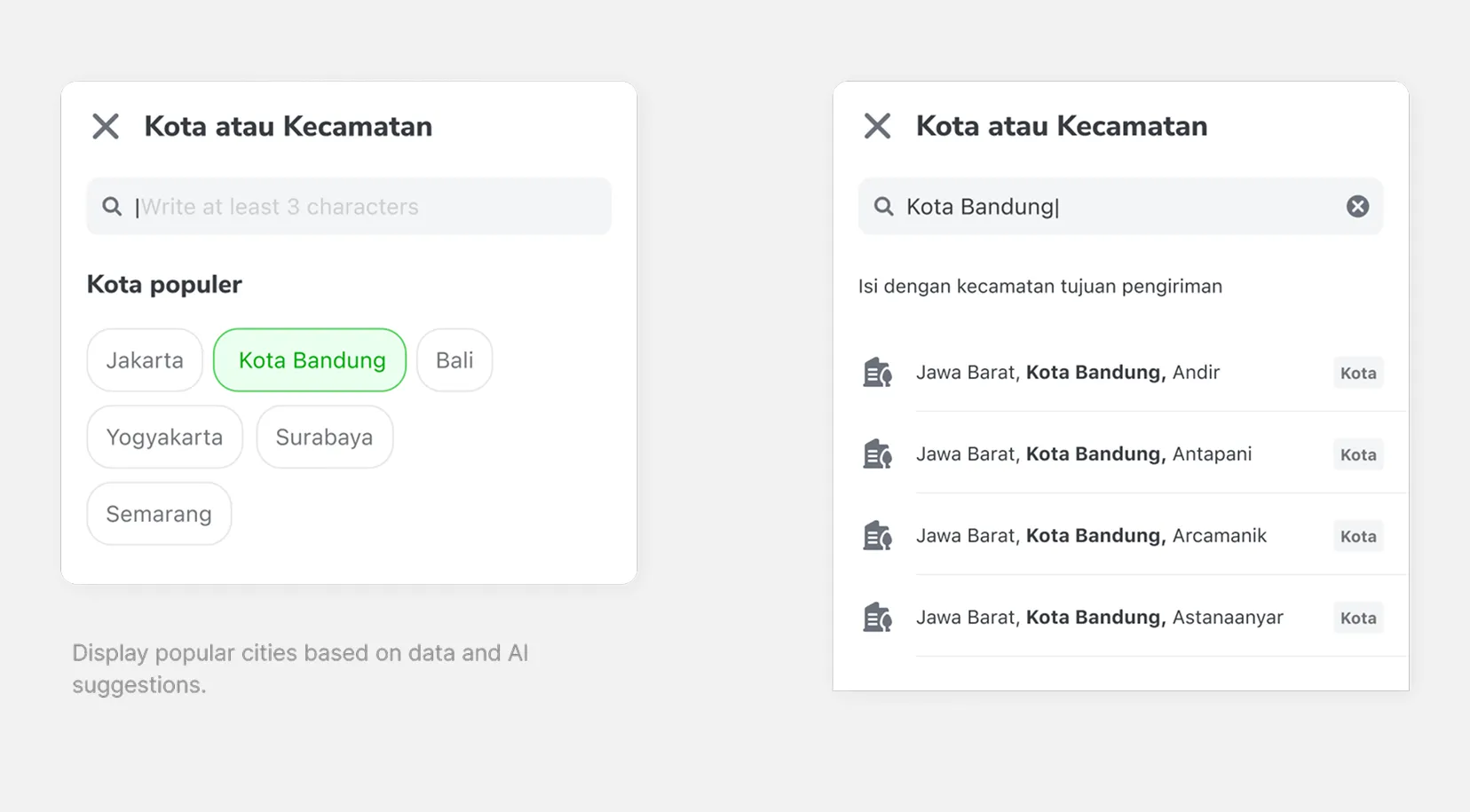 City or sub-district picker with popular cities and search