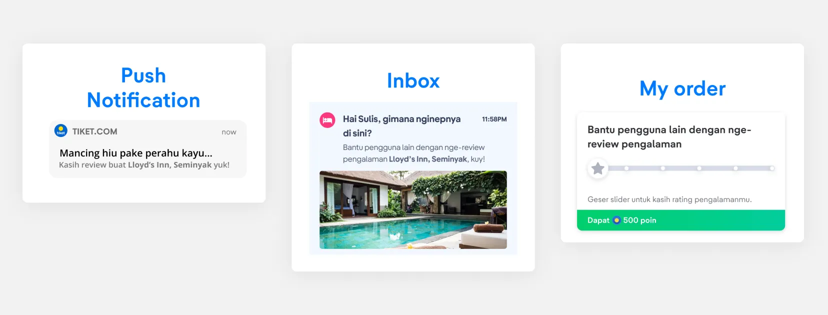 Review request surfaced across Push, Inbox, and My order