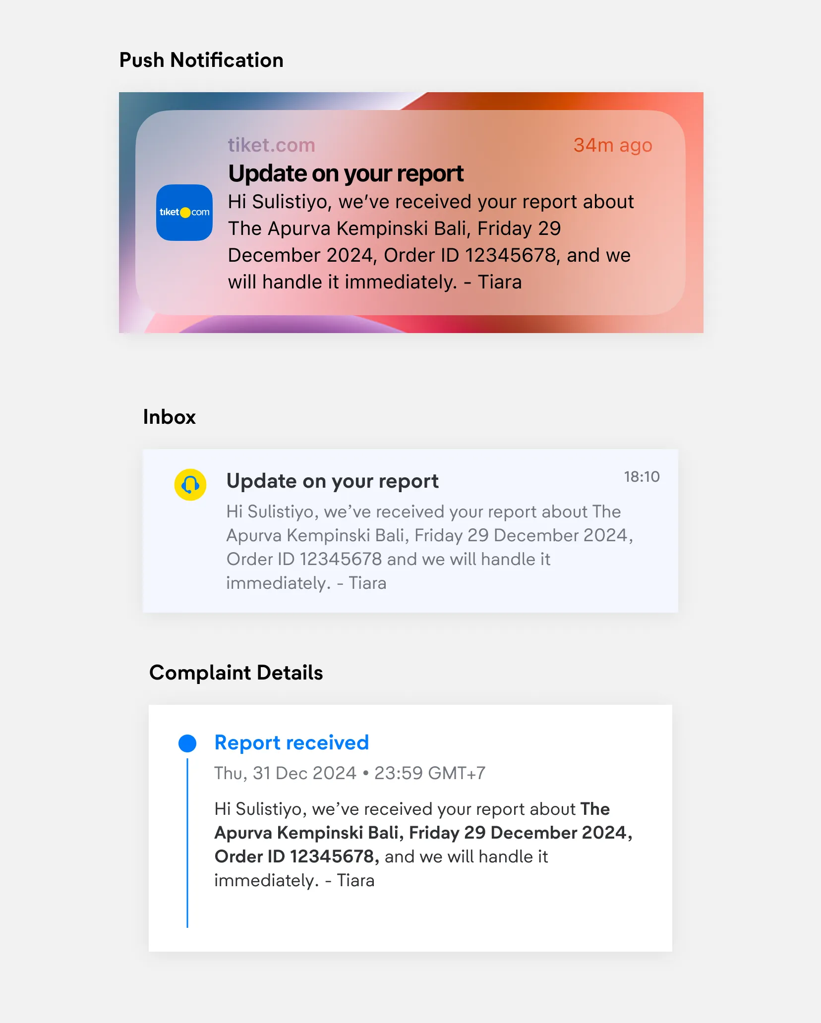 Push notification, inbox, and complaint details updates