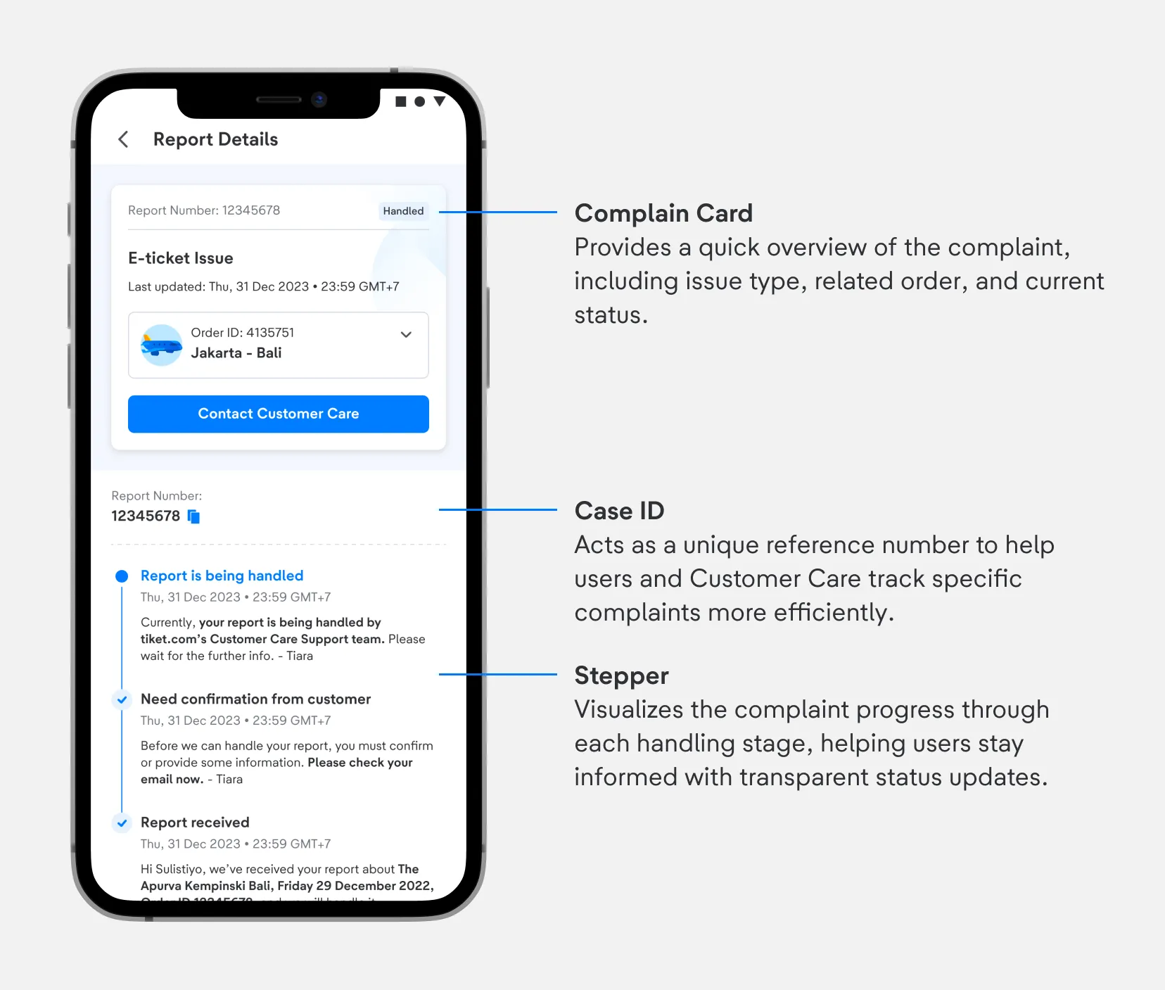 Complaint card, case ID, and stepper inside complaint details