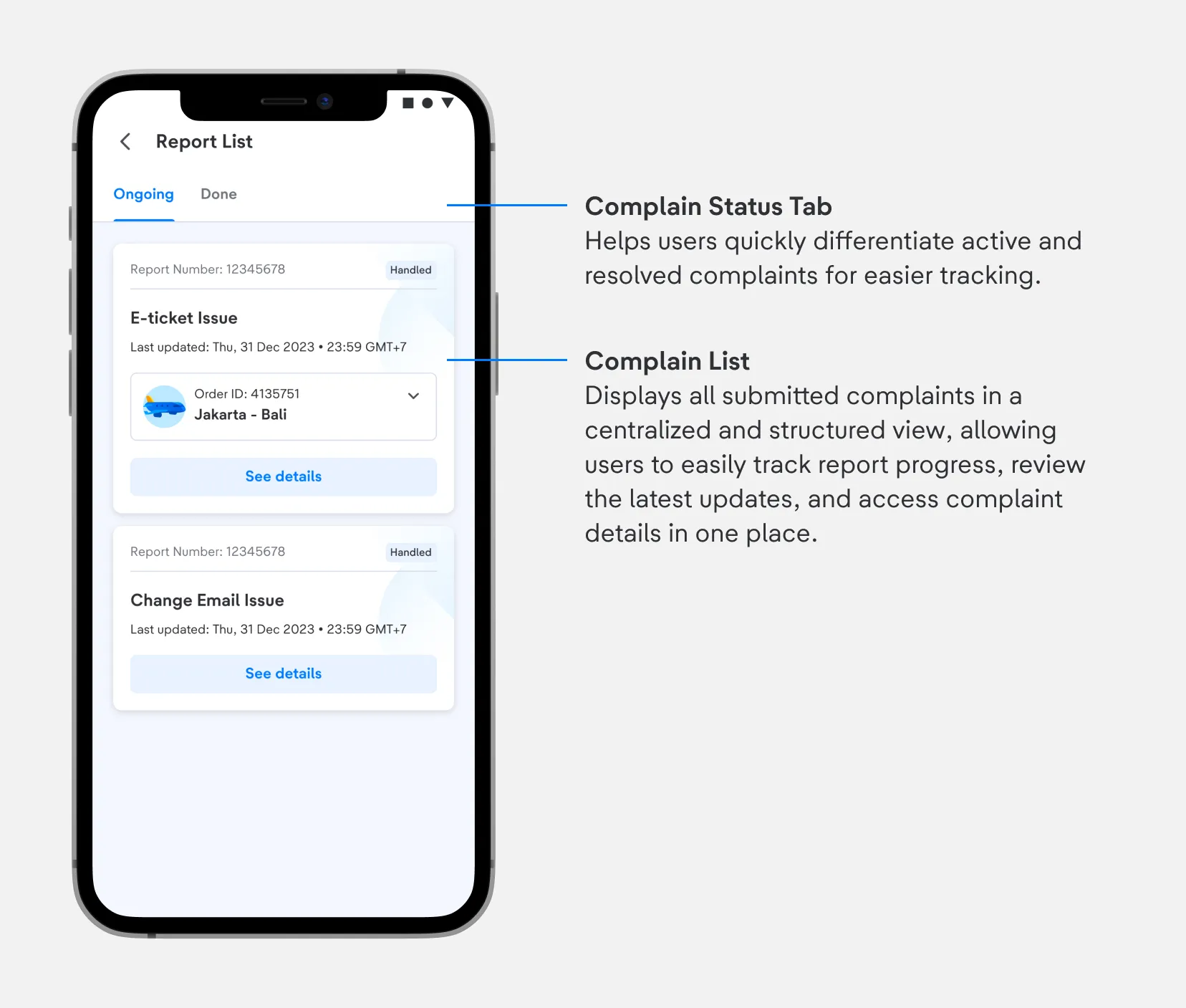 Complaint status tab and complaint list view